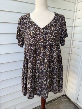 Easel Navy Floral Button-Front Dress with Rust and White Blooms Size Small